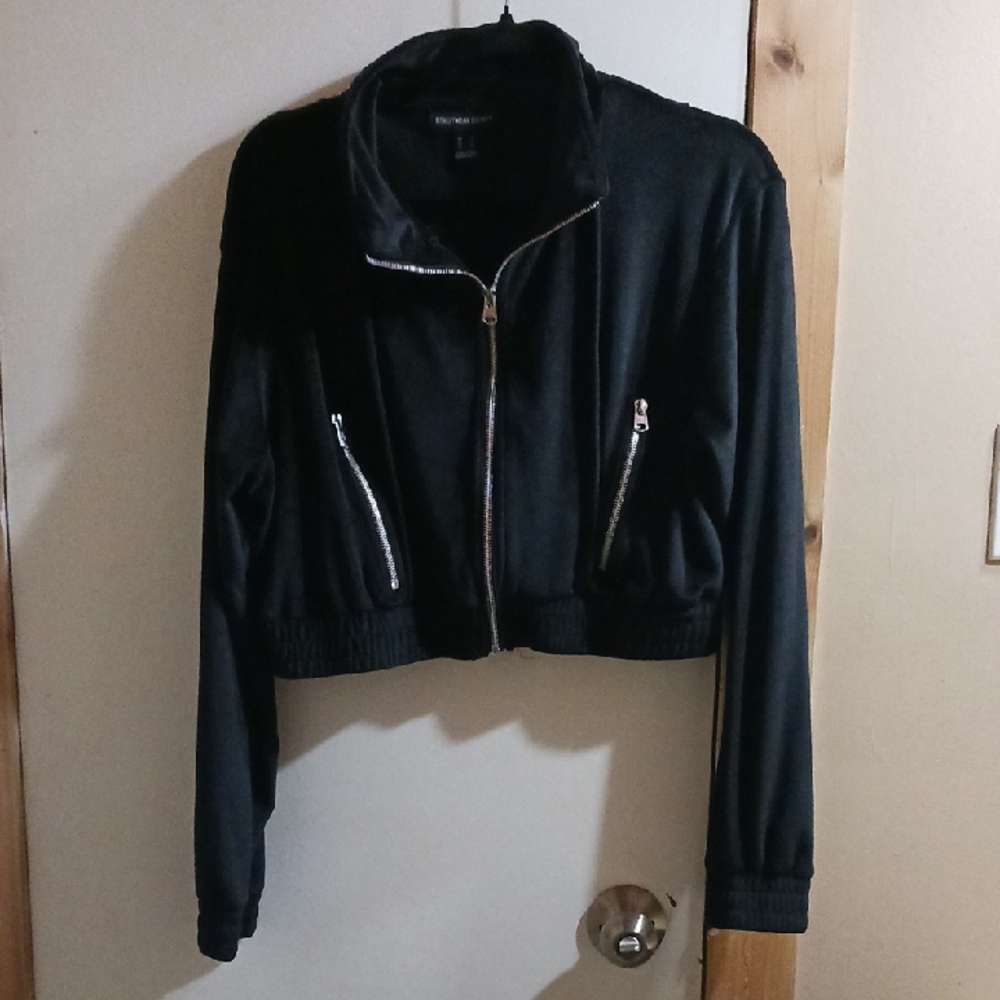 Streetwear Society Black Cropped Bomber Jacket with Silver Zips